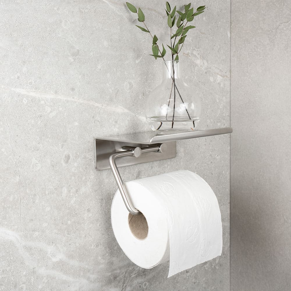 Base Toiletpapirholder Med Hylde - Børstet Rustfrit Stål