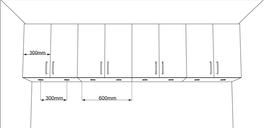 Afstand mellem spotlights på låger, der er 300 mm brede