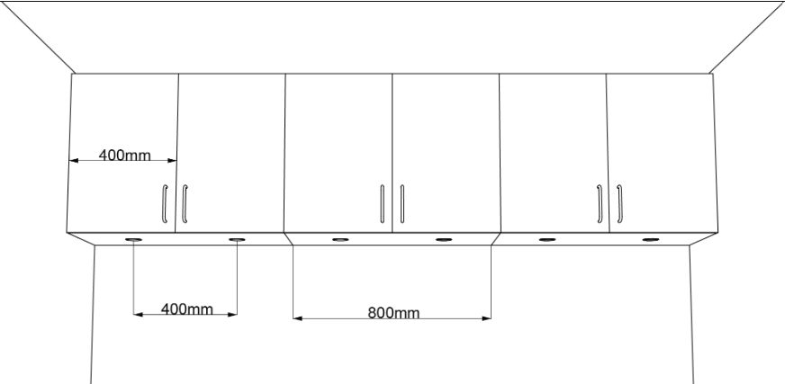 Afstand mellem spotlights på låger, der er 400 mm brede